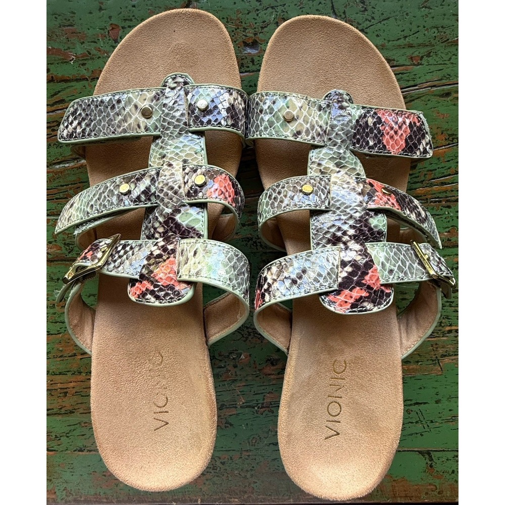 Vionic Women's Radia Snakeskin Print Strappy Wedge Adjustable Sandals Size 9